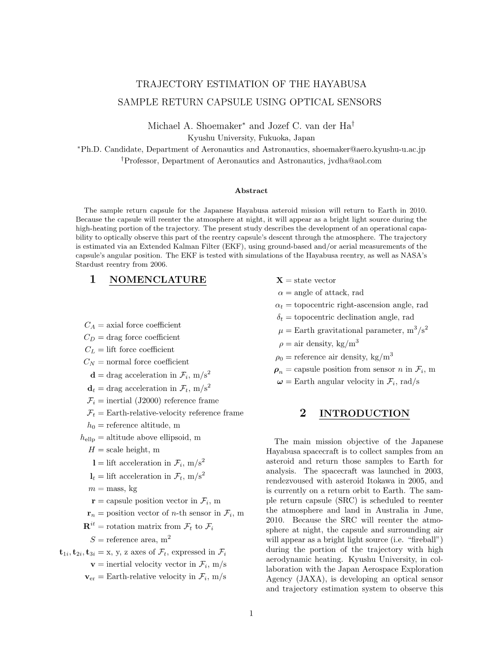 Trajectory Estimation of the Hayabusa Sample Return Capsule Using Optical Sensors