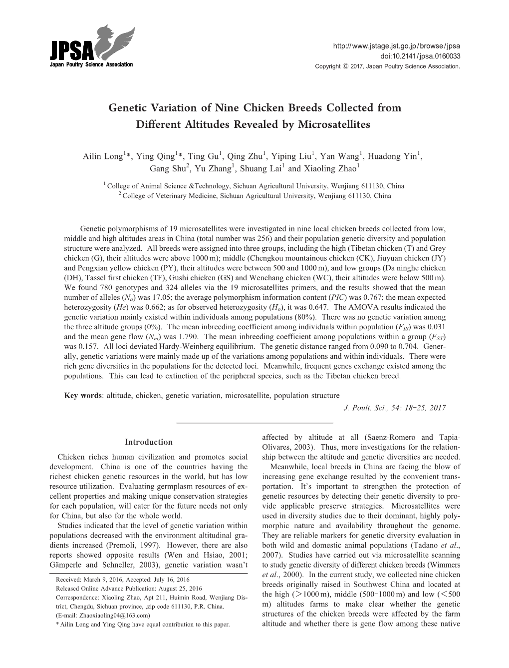 Genetic Variation of Nine Chicken Breeds Collected from Different Altitudes Revealed by Microsatellites