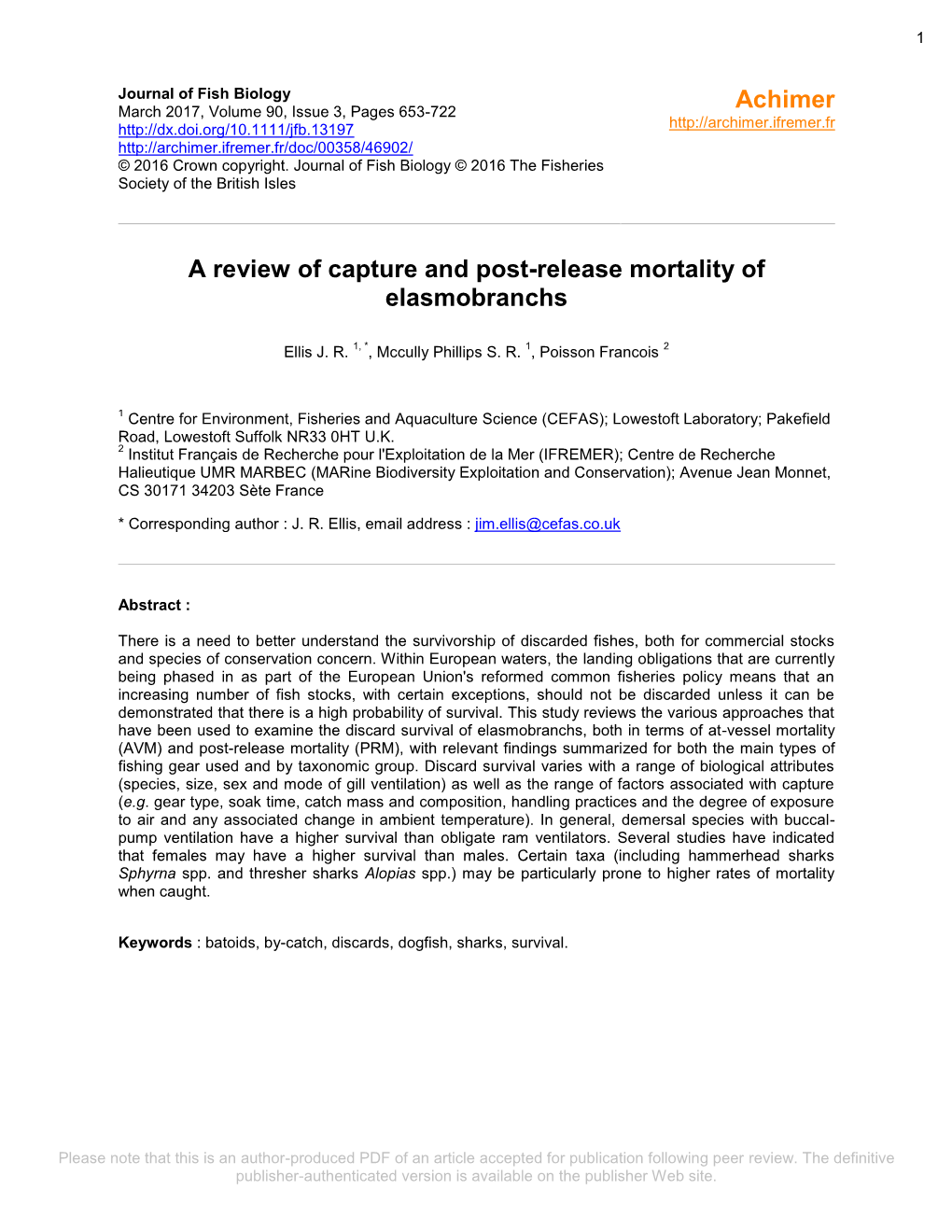 A Review of Capture and Post-Release Mortality of Elasmobranchs