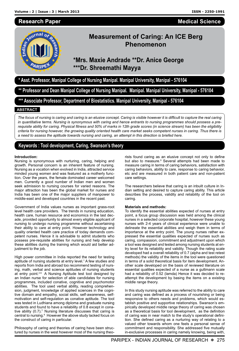 Measurement of Caring: an ICE Berg Phenomenon *Mrs. Maxie Andrade