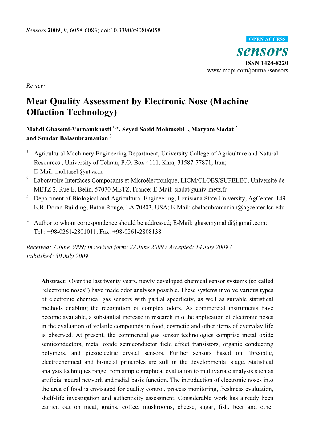 Meat Quality Assessment by Electronic Nose (Machine Olfaction Technology)