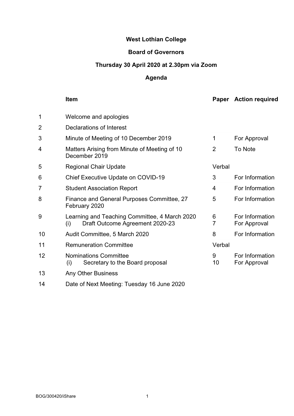 West Lothian College Board of Governors Thursday 30 April 2020