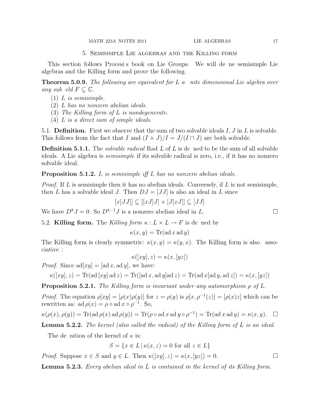 Semisimple Algebras and Killing Form