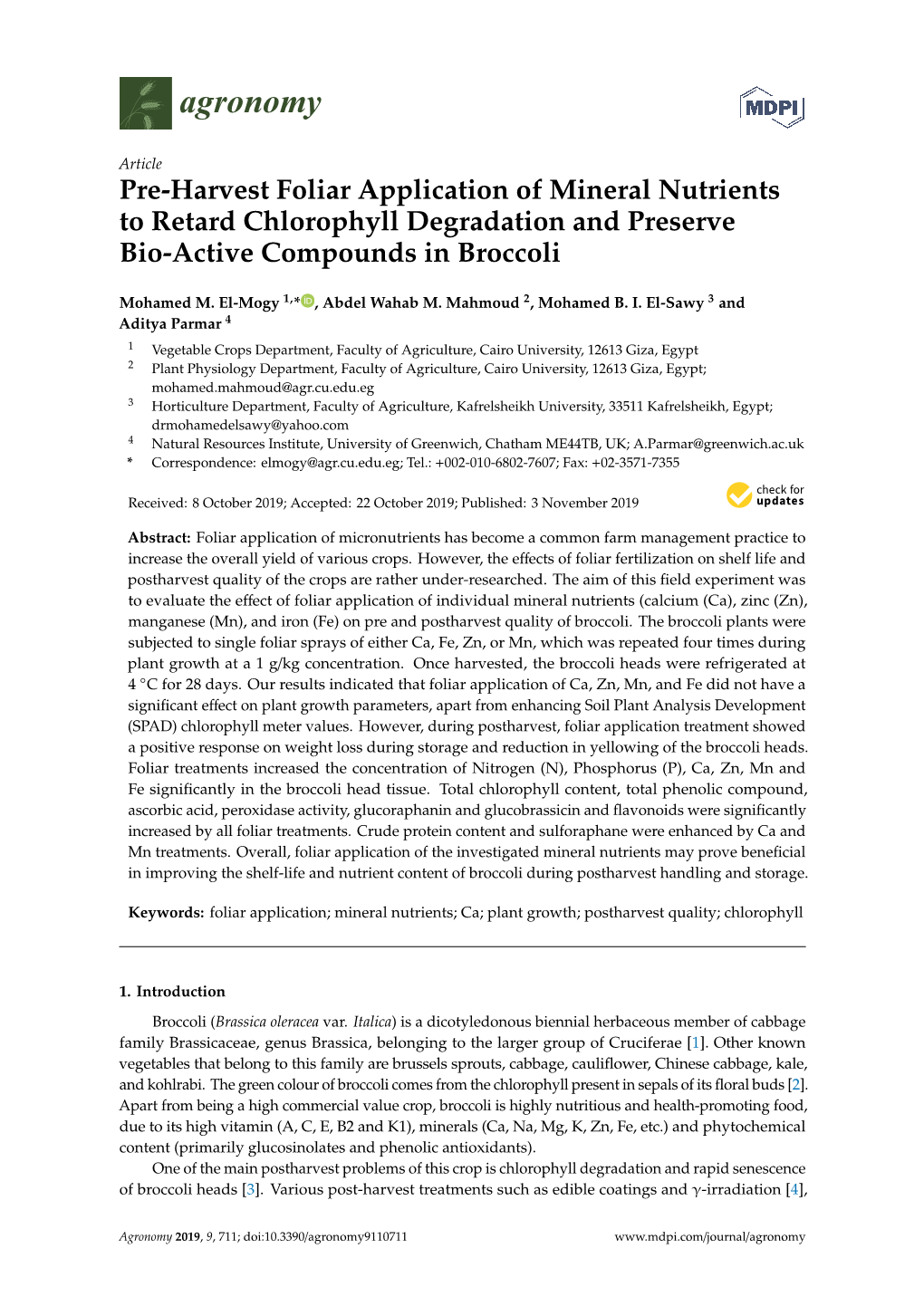 Pre-Harvest Foliar Application of Mineral Nutrients to Retard Chlorophyll Degradation and Preserve Bio-Active Compounds in Broccoli