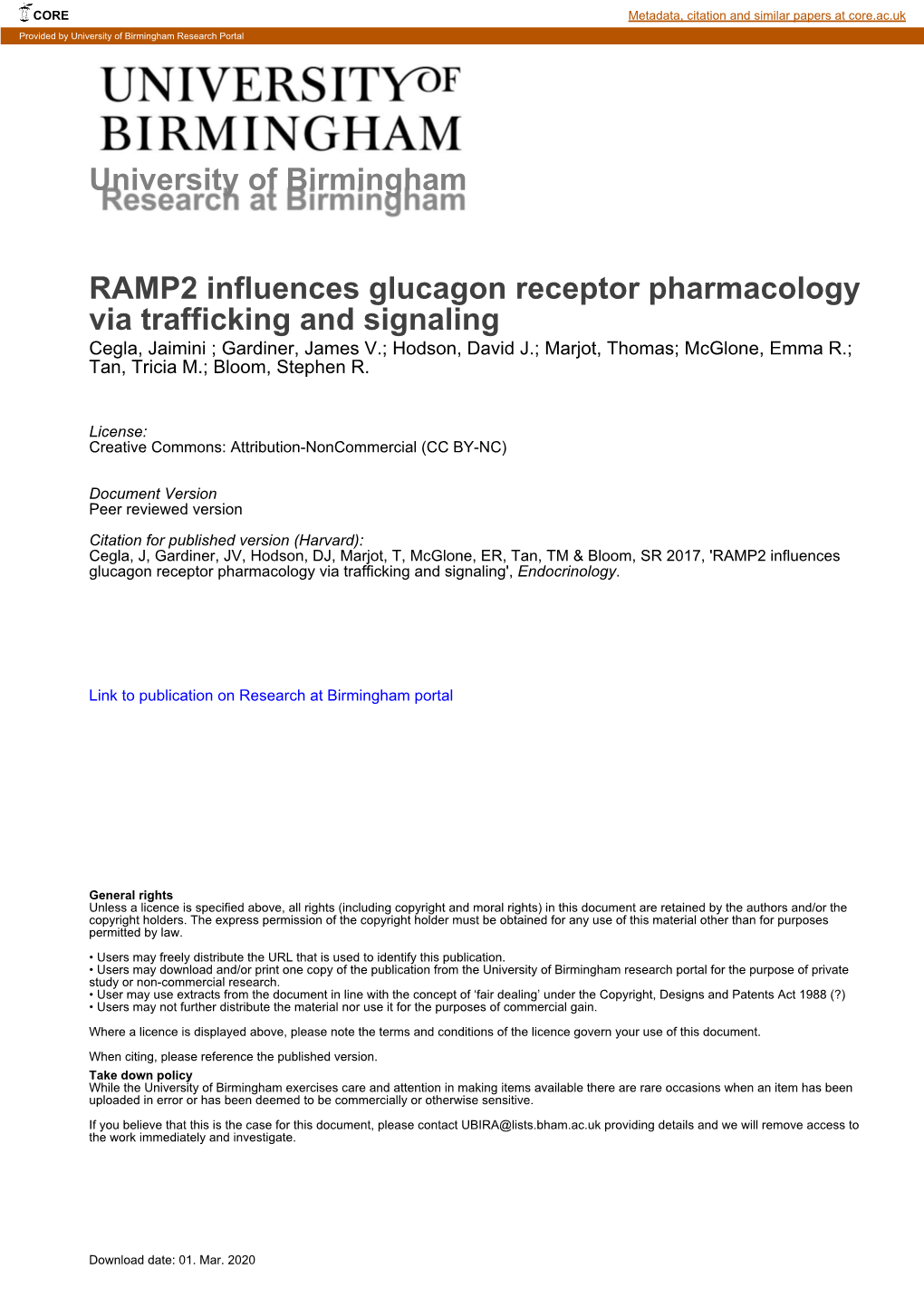 University of Birmingham RAMP2 Influences Glucagon Receptor