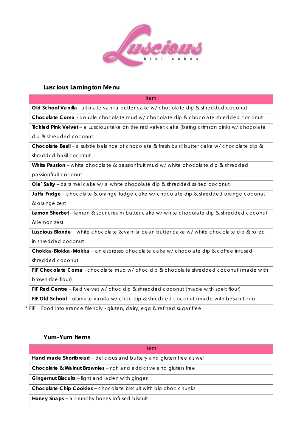 Luscious Lamington Menu Yum-Yum Items