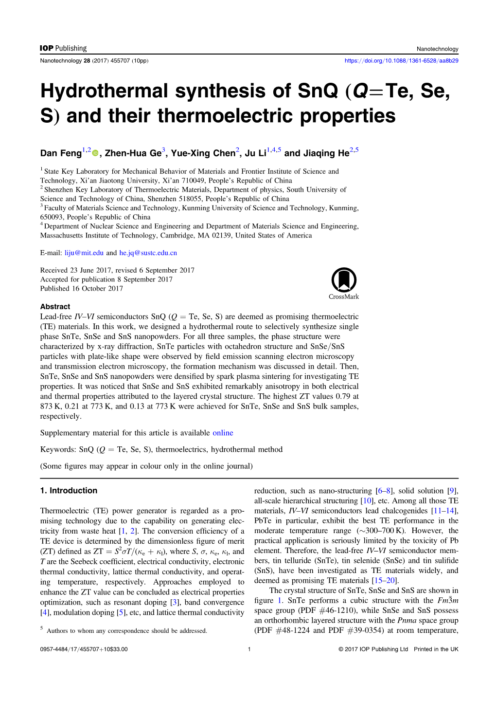 Hydrothermal Synthesis of Snq (Q=Te, Se, S) and Their Thermoelectric Properties