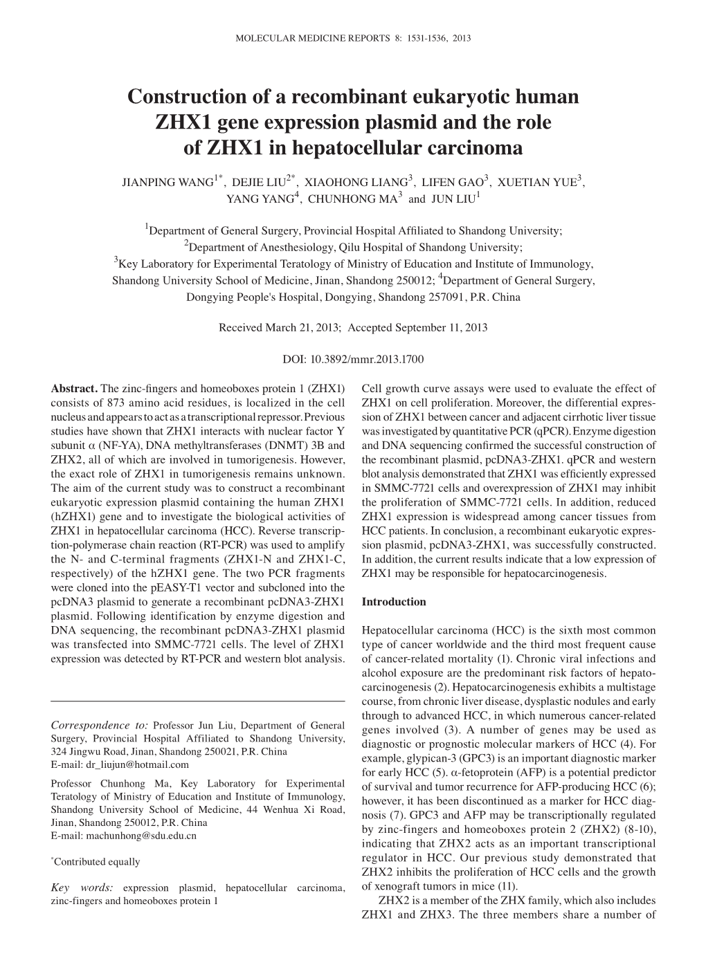 Construction of a Recombinant Eukaryotic Human ZHX1 Gene Expression Plasmid and the Role of ZHX1 in Hepatocellular Carcinoma