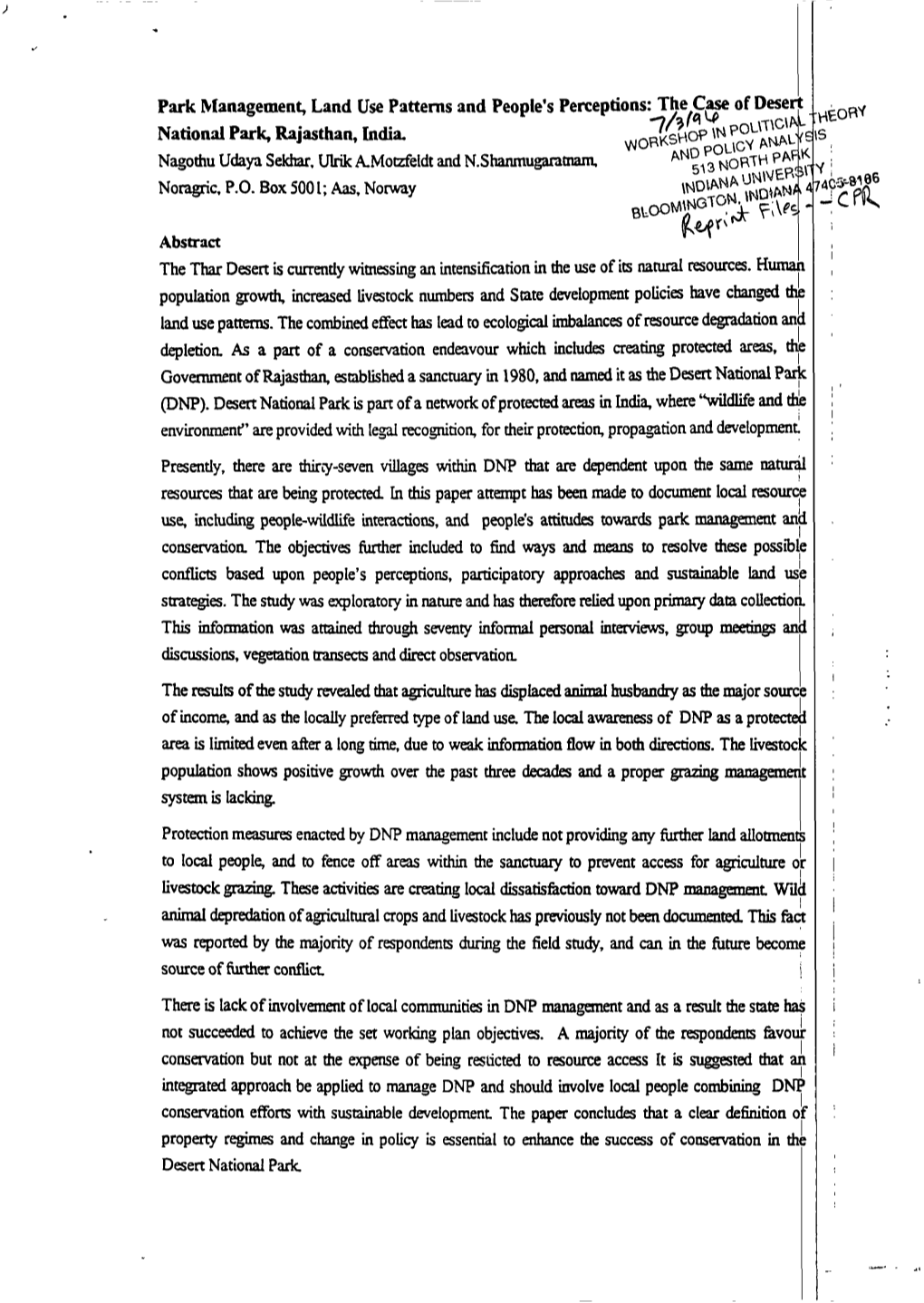 Park Management, Land Use Patterns and People's Perceptions:J^Case of Desert National Park, Rajasthan, India. Nagothu Udaya Sekh