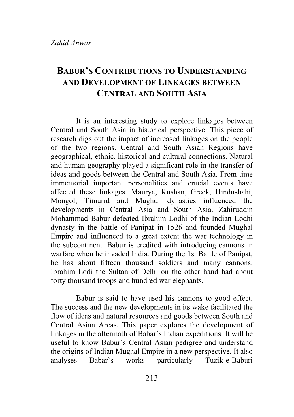 Babur`S Contributions to Understanding and Development of Linkages Between Central and South Asia