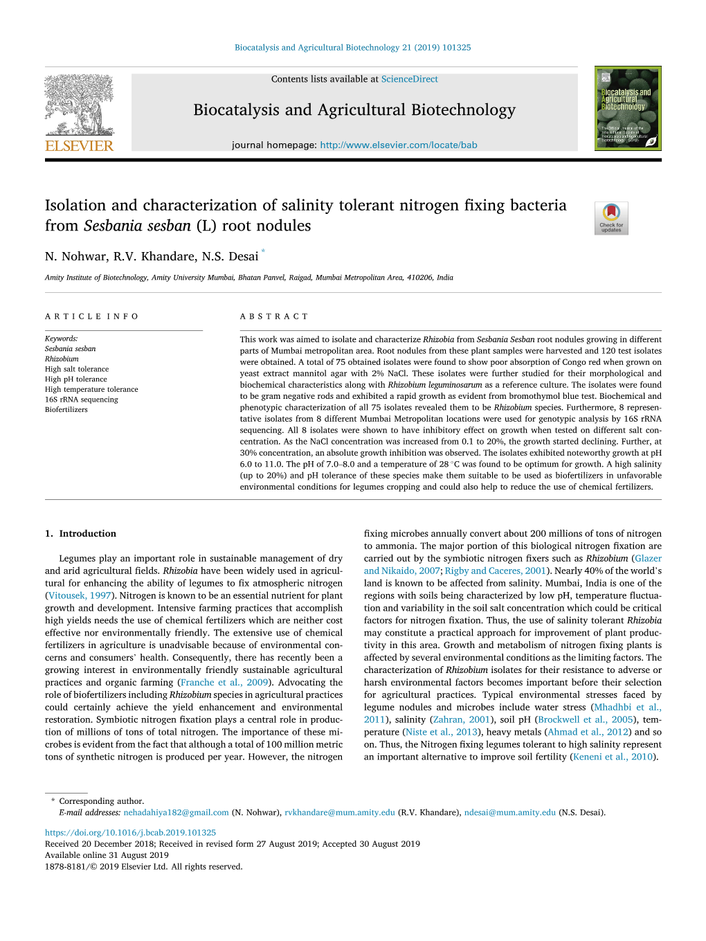 Isolation and Characterization of Salinity Tolerant Nitrogen Fixing Bacteria from Sesbania Sesban (L) Root Nodules