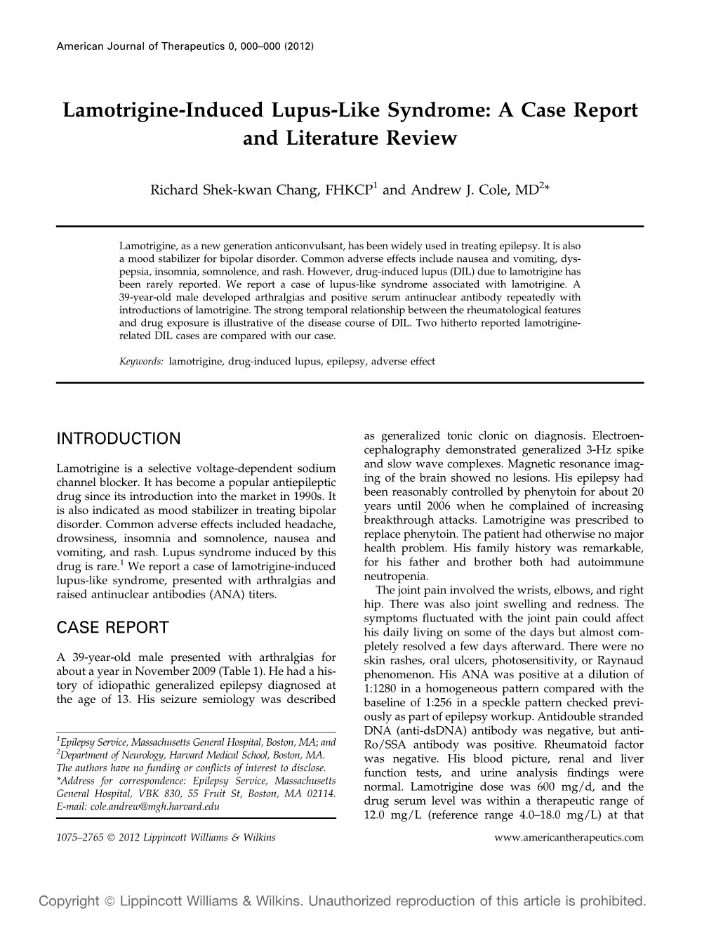 Lamotrigine-Induced Lupus-Like Syndrome: a Case Report and Literature Review