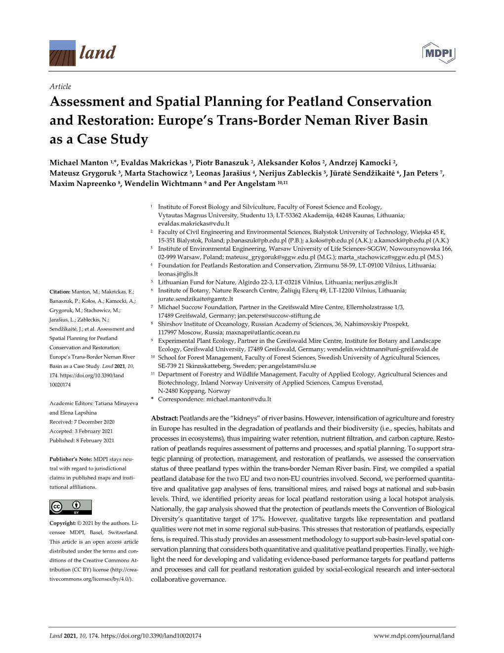 Assessment and Spatial Planning for Peatland Conservation and Restoration: Europe's Trans-Border Neman River Basin As a Case S