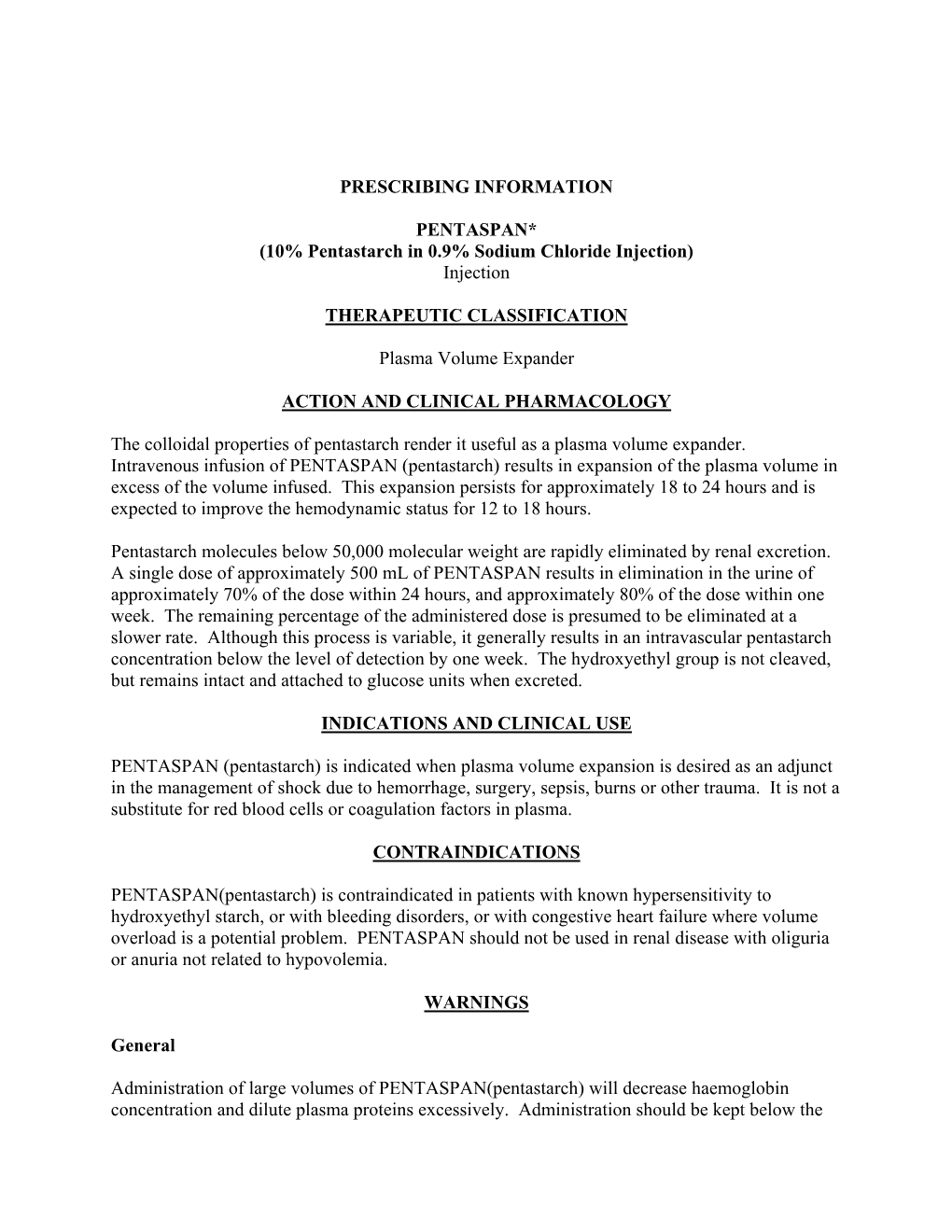 PRESCRIBING INFORMATION PENTASPAN* (10% Pentastarch In