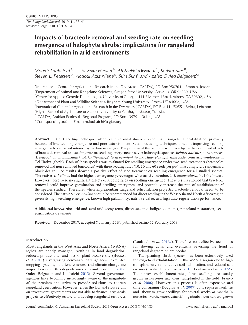 Impacts of Bracteole Removal and Seeding Rate on Seedling Emergence of Halophyte Shrubs: Implications for Rangeland Rehabilitation in Arid Environments