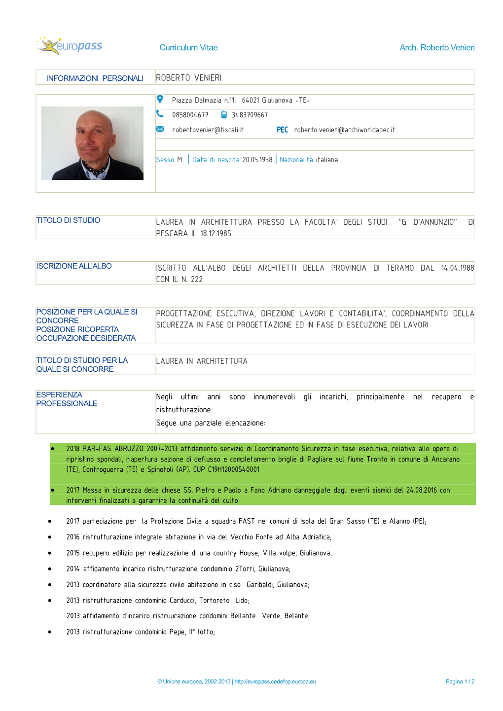 Curriculum Vitae Arch. Roberto Venieri