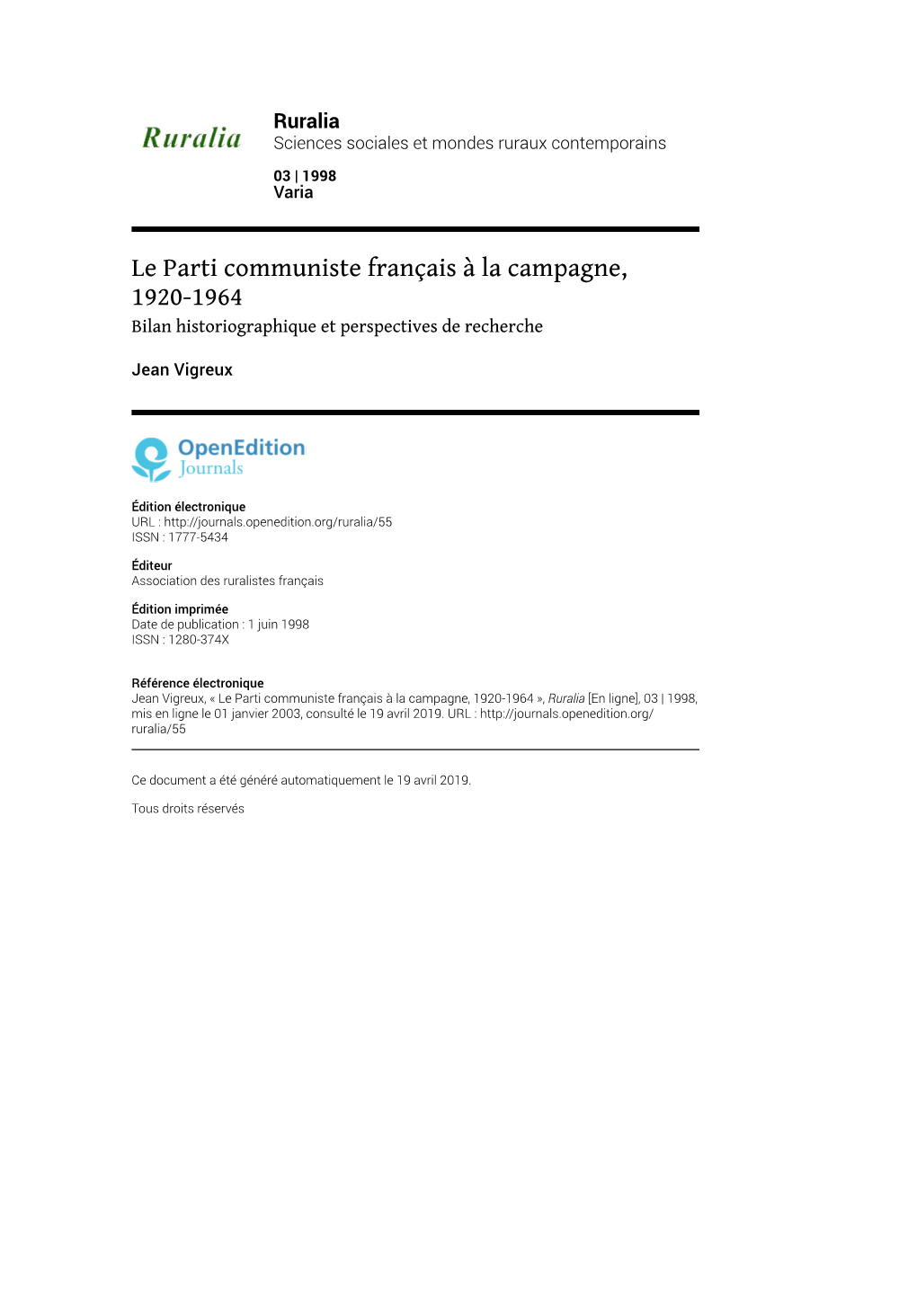 Le Parti Communiste Français À La Campagne, 1920-1964 Bilan Historiographique Et Perspectives De Recherche