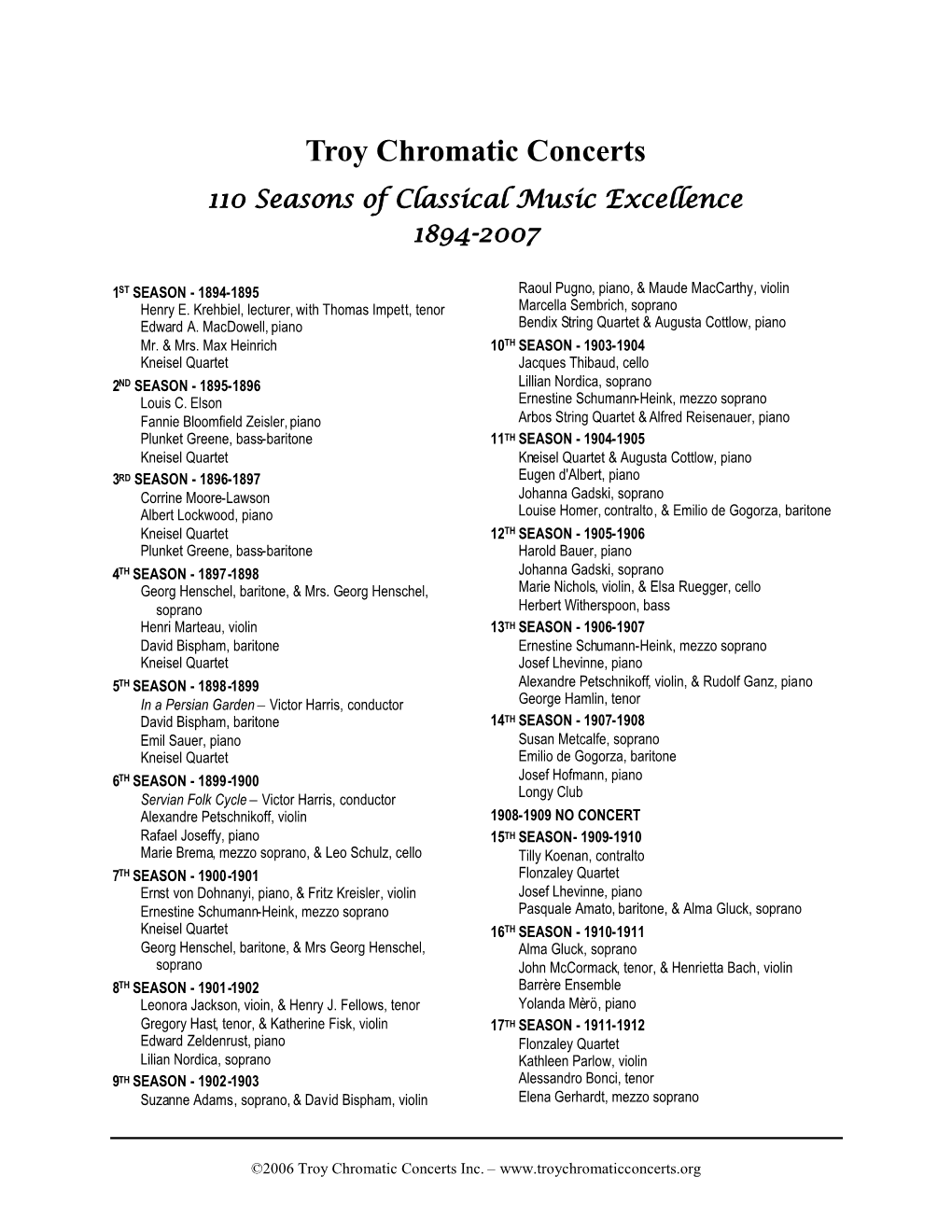 Troy Chromatic Concerts Performers 1894-2007