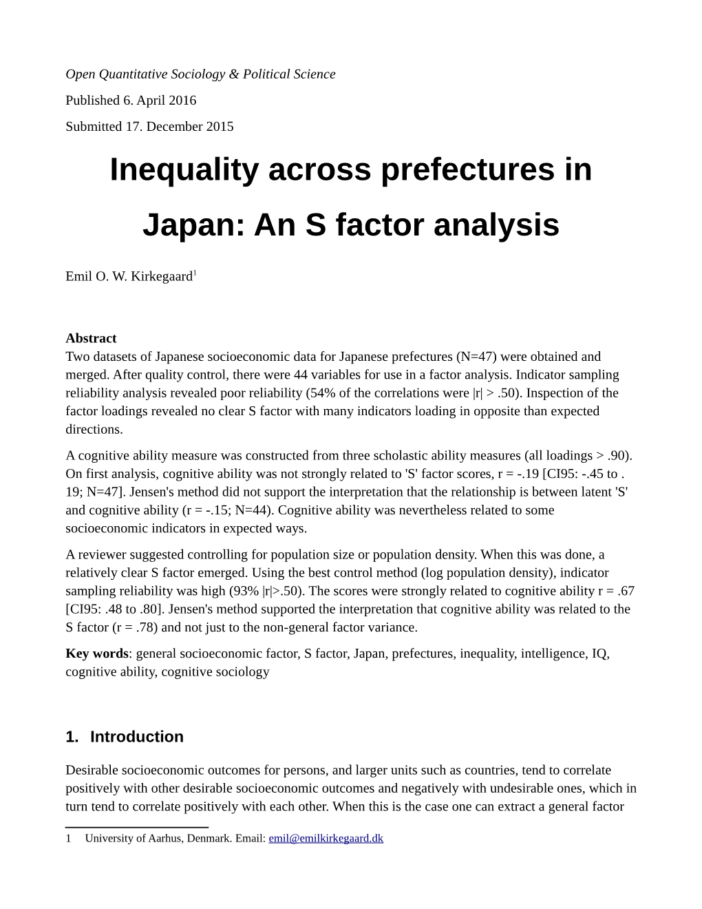 Inequality Across Prefectures in Japan: an S Factor Analysis