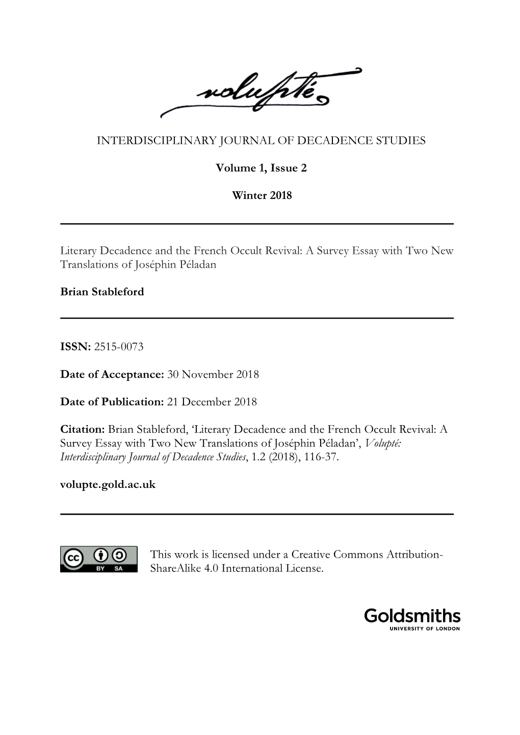 INTERDISCIPLINARY JOURNAL of DECADENCE STUDIES Volume 1, Issue 2 Winter 2018 Literary Decadence and the French Occult Revival: A