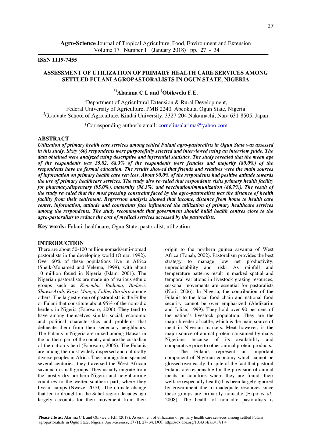 27 Agro-Science Journal of Tropical Agriculture, Food, Environment and Extension Volume 17 Number 1 (January 2018) Pp. 27