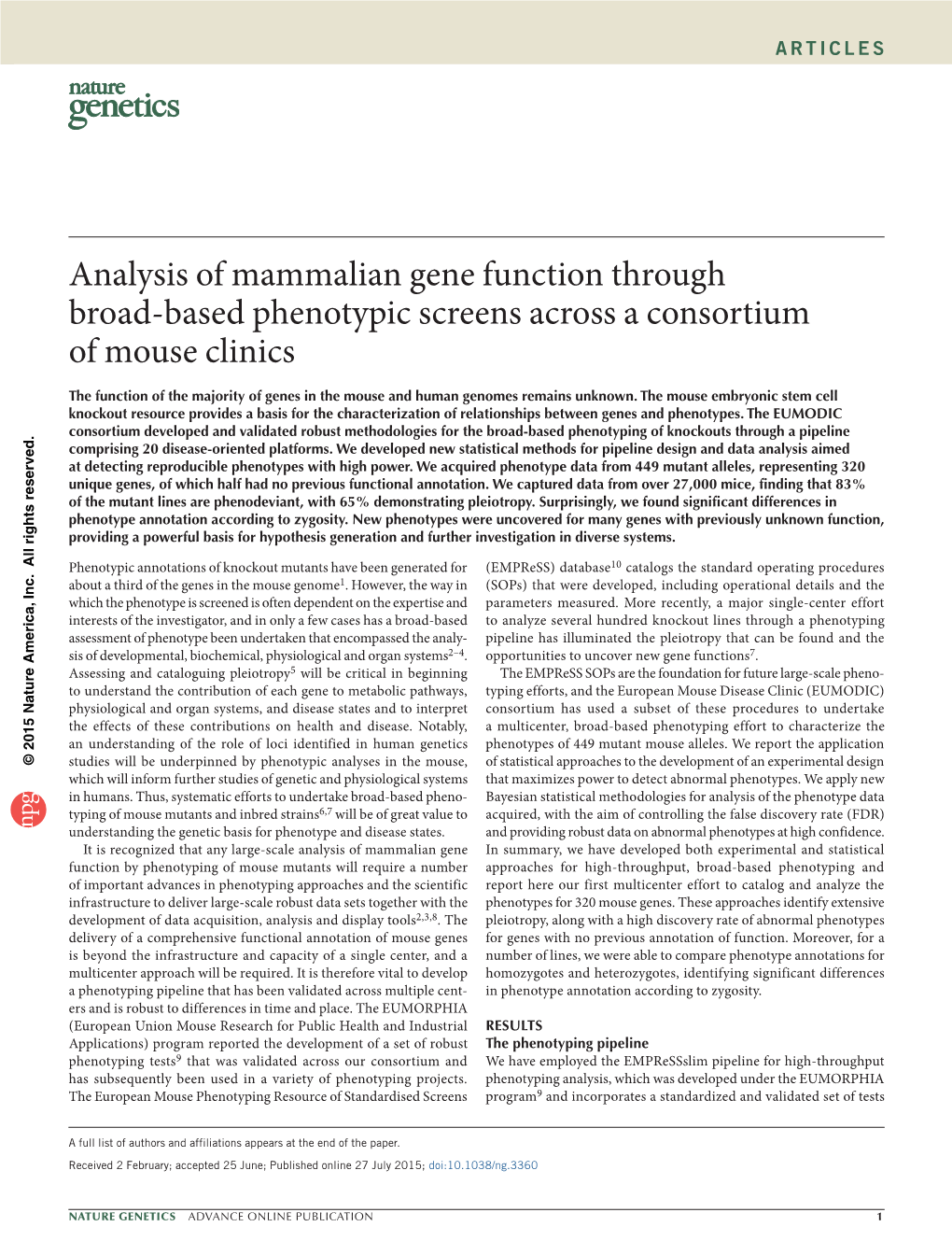 Analysis of Mammalian Gene Function Through Broad-Based Phenotypic