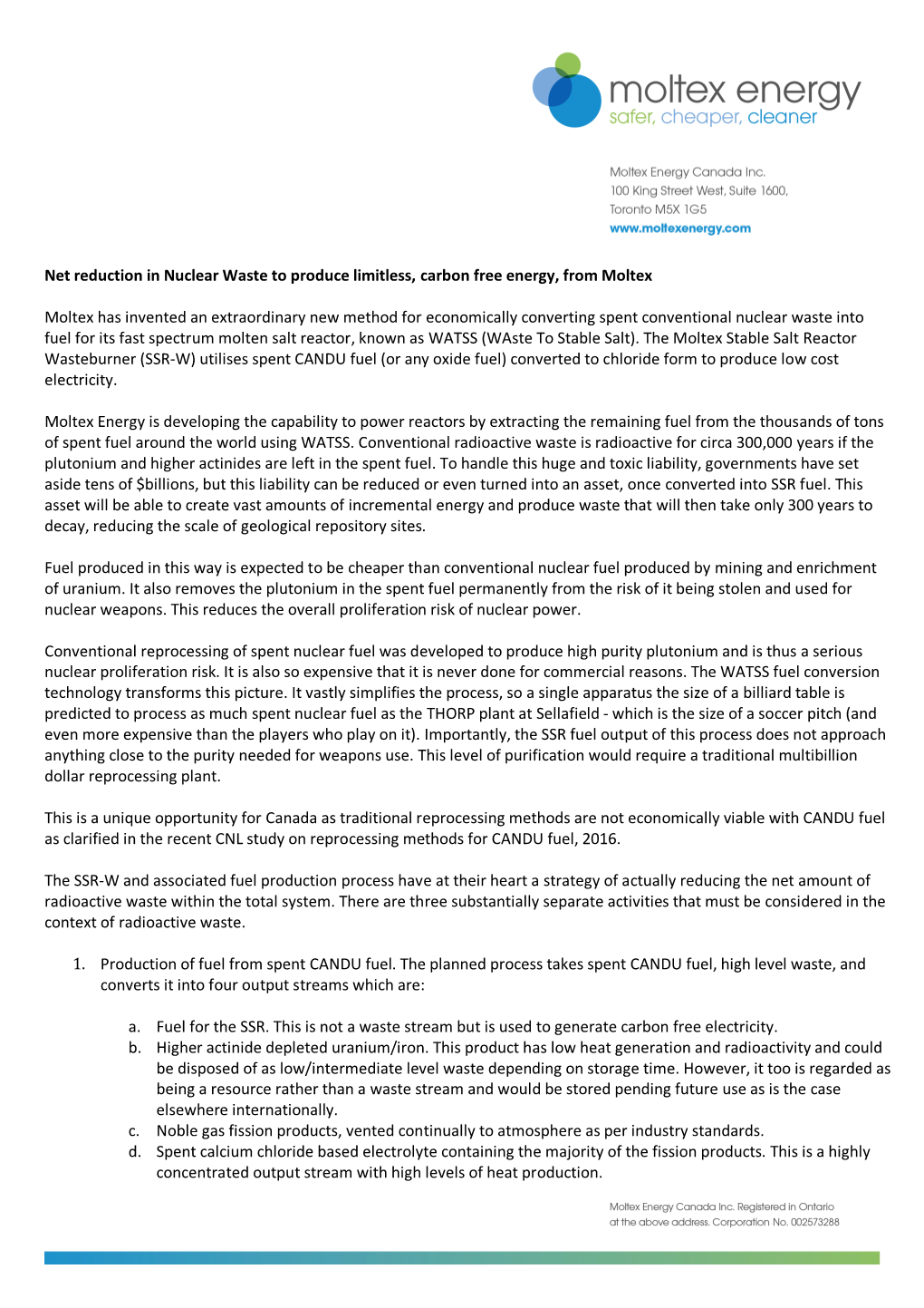 Net Reduction in Nuclear Waste to Produce Limitless, Carbon Free Energy, from Moltex