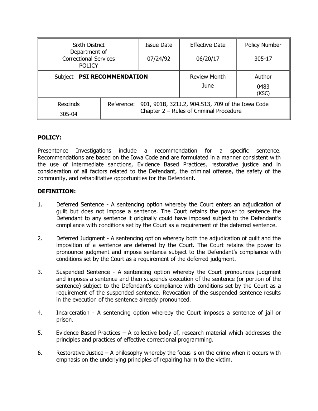 0305-17 PSI Recommendation