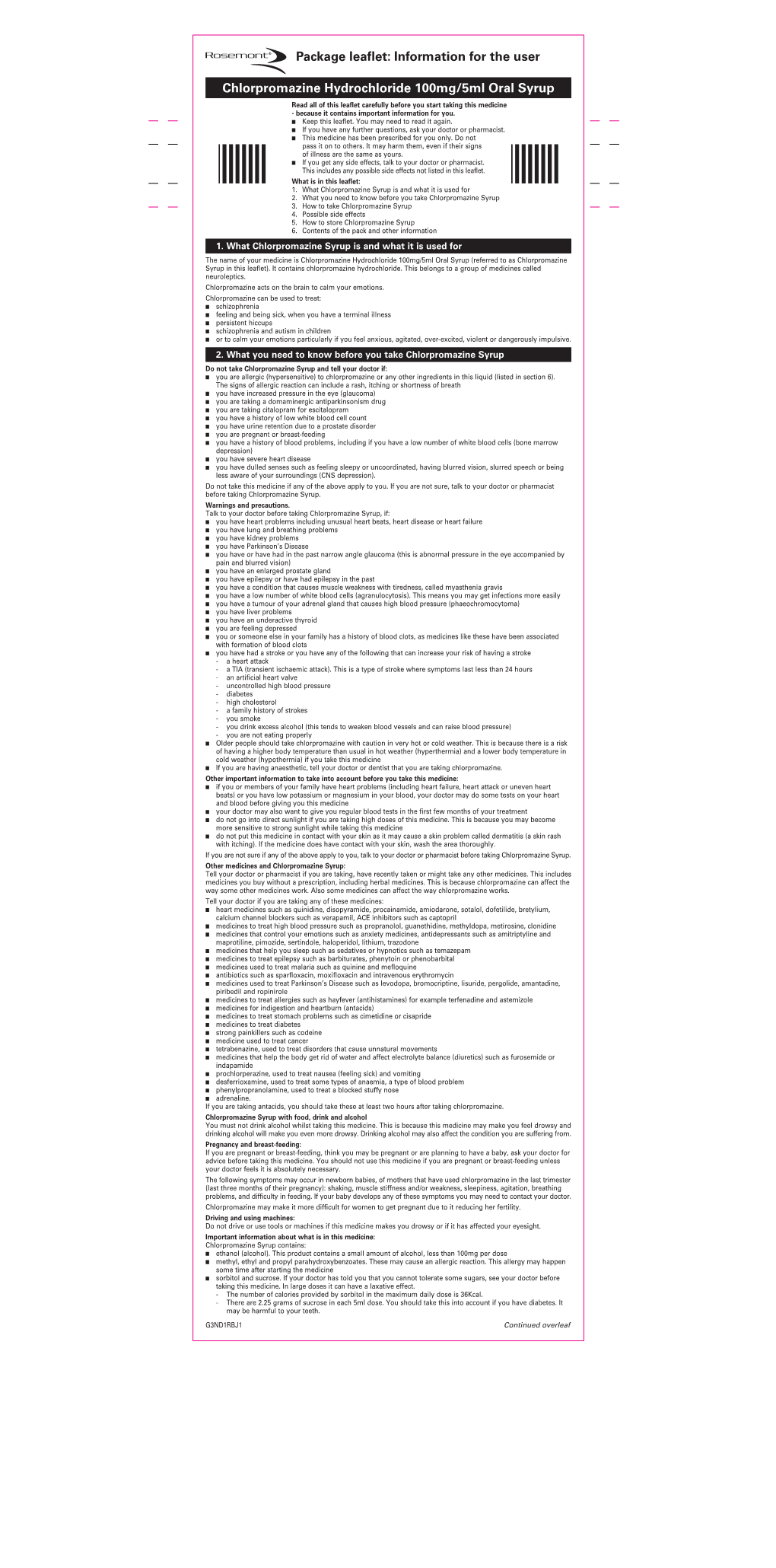 Chlorpromazine Hydrochloride 100Mg/5Ml Oral Syrup Package Leaflet