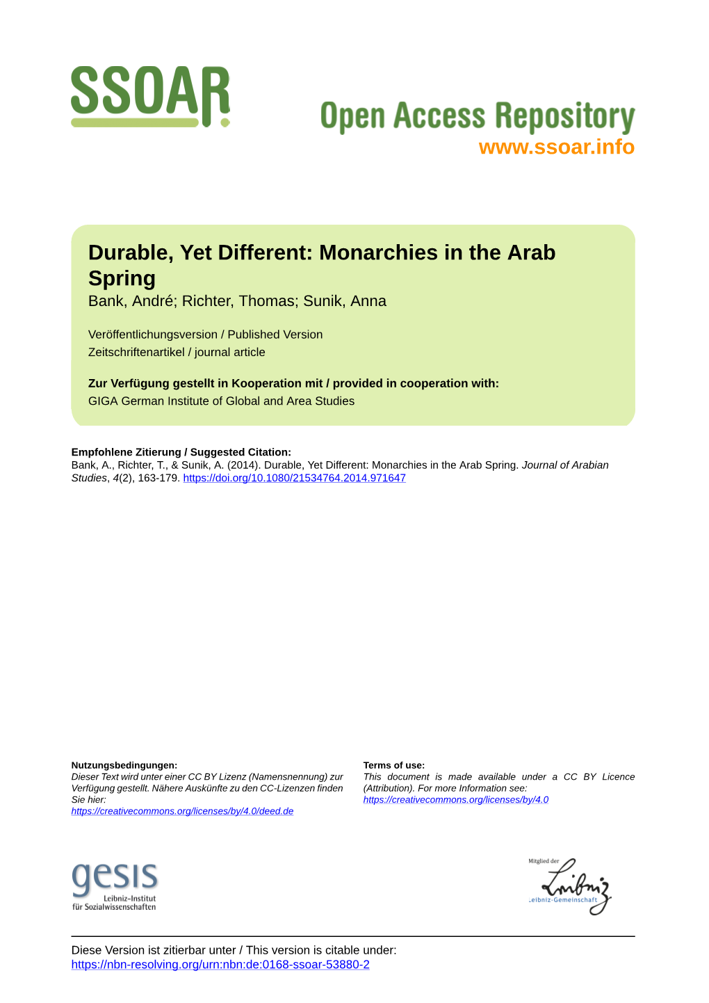 Durable, Yet Different: Monarchies in the Arab Spring Bank, André; Richter, Thomas; Sunik, Anna