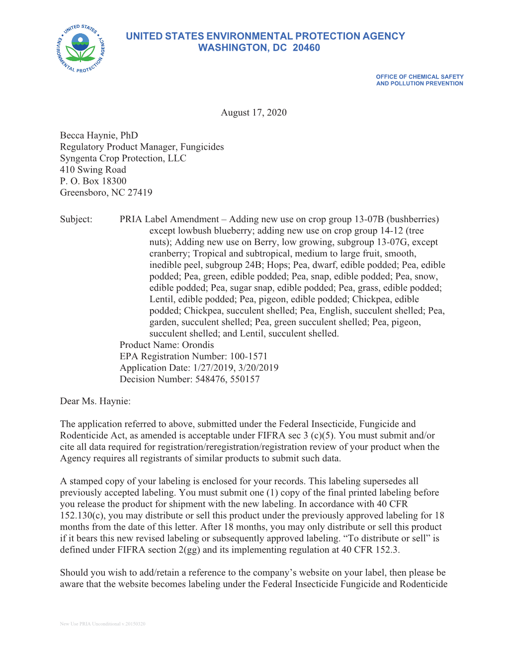 US EPA, Pesticide Product Label, Orondis,08/17/2020