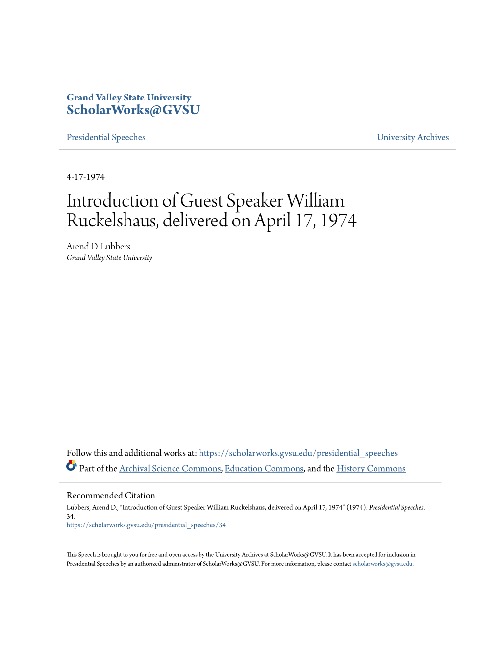 Introduction of Guest Speaker William Ruckelshaus, Delivered on April 17, 1974 Arend D
