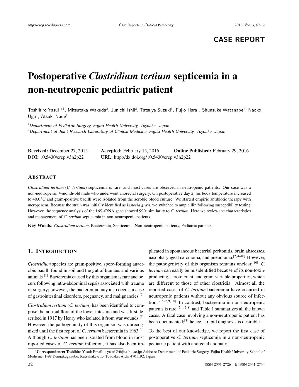 Postoperative Clostridium Tertium Septicemia in a Non-Neutropenic Pediatric Patient