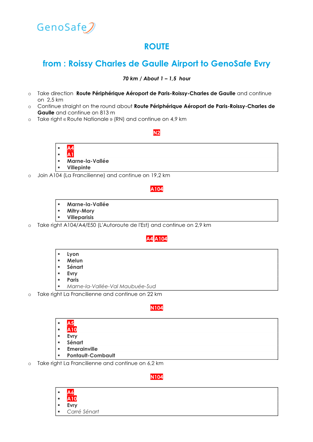 ROUTE from : Roissy Charles De Gaulle Airport to Genosafe Evry
