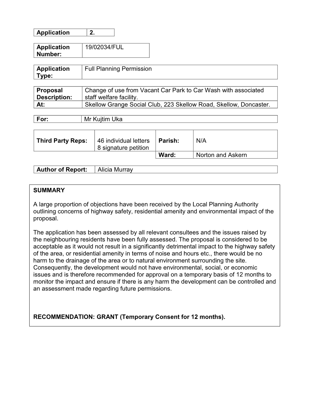 19/02034/FUL Application Type: Full Planning Permission Proposal