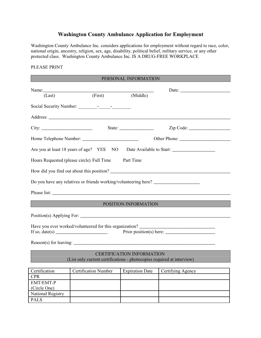 Washington County Ambulance Application for Employment