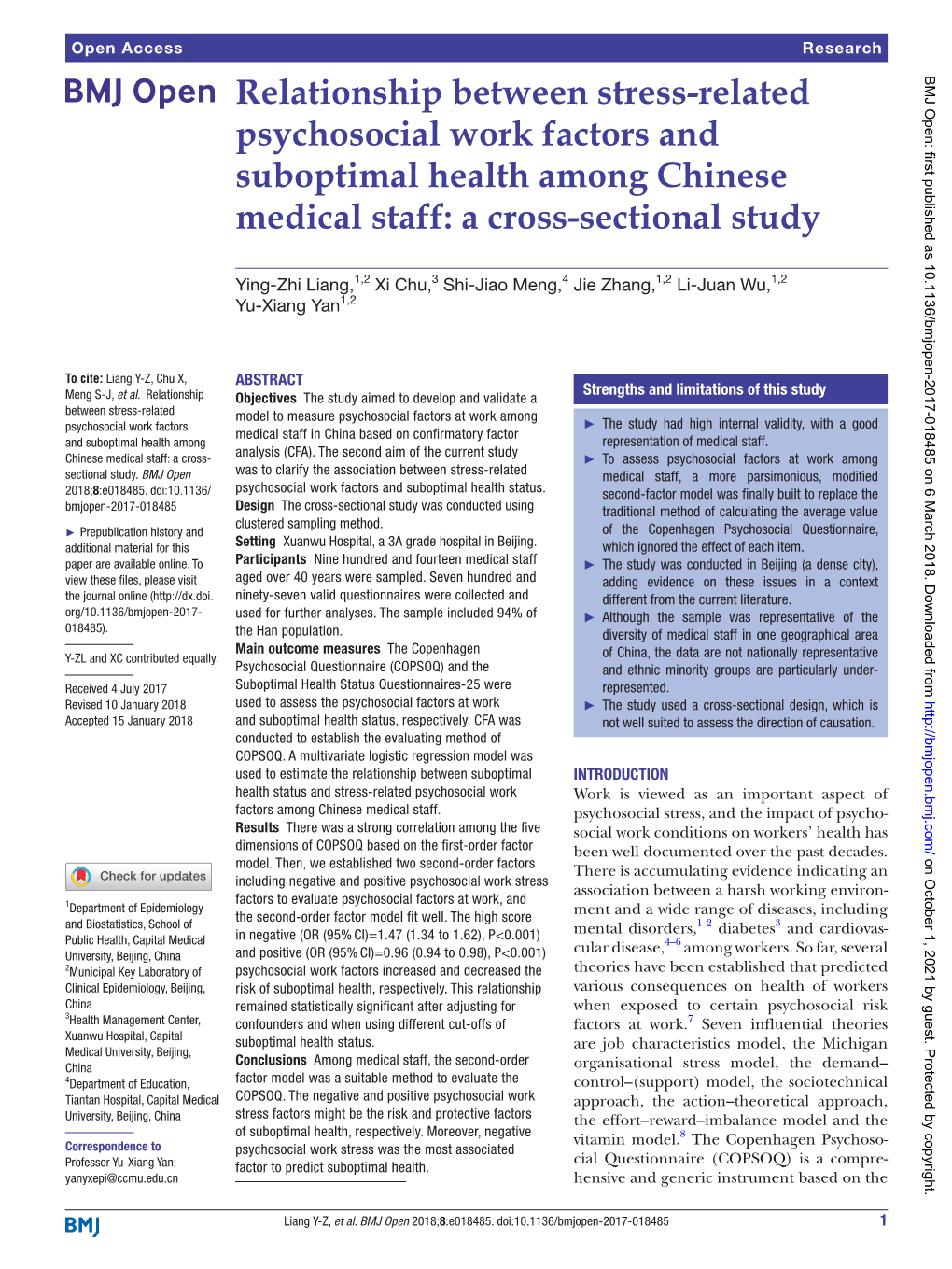 Relationship Between Stress-Related Psychosocial Work Factors and Suboptimal Health Among Chinese Medical Staff: a Cross-Sectional Study