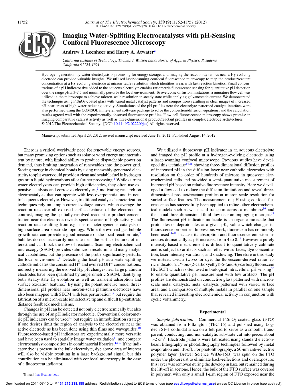 Imaging Water-Splitting Electrocatalysts with Ph-Sensing Confocal Fluorescence Microscopy Andrew J