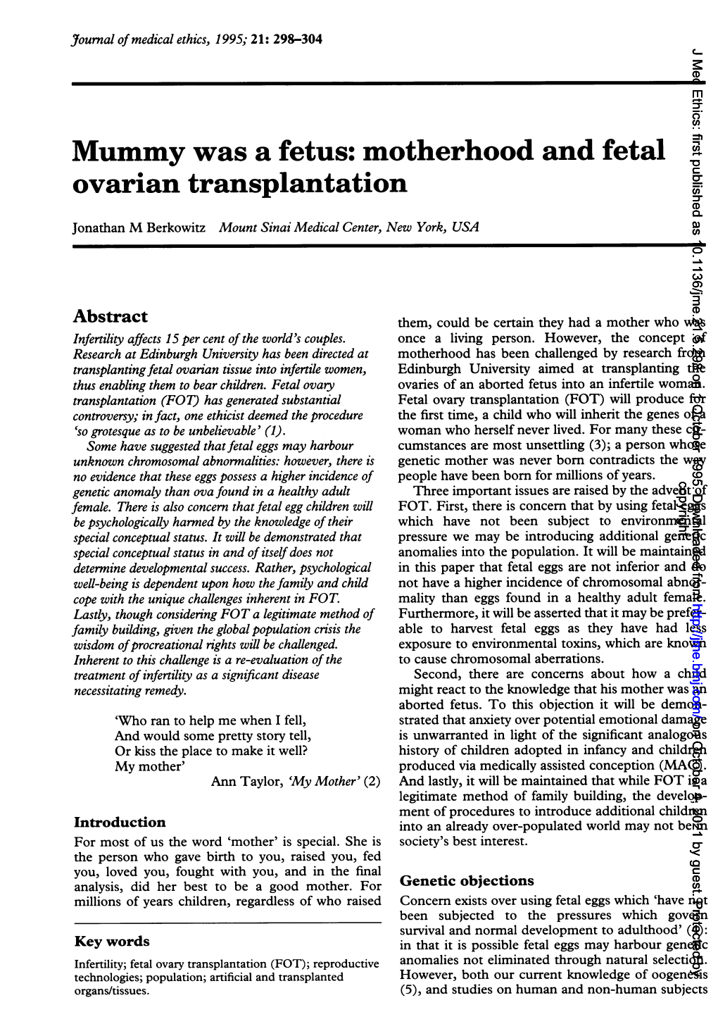 Mummy Wasa Fetus: Motherhood and Fetal Ovarian Transplantation