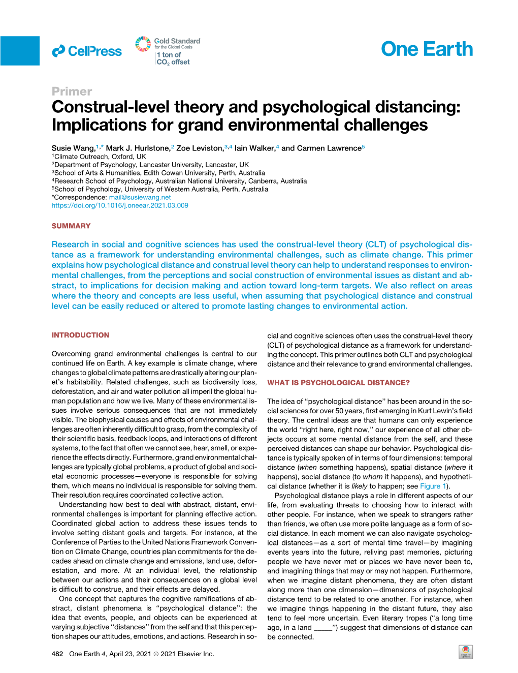 Construal-Level Theory and Psychological Distancing: Implications for Grand Environmental Challenges