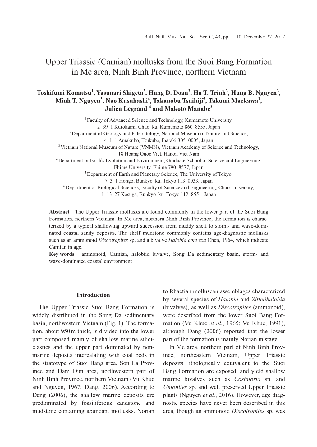 Upper Triassic (Carnian) Mollusks from the Suoi Bang Formation in Me Area, Ninh Binh Province, Northern Vietnam