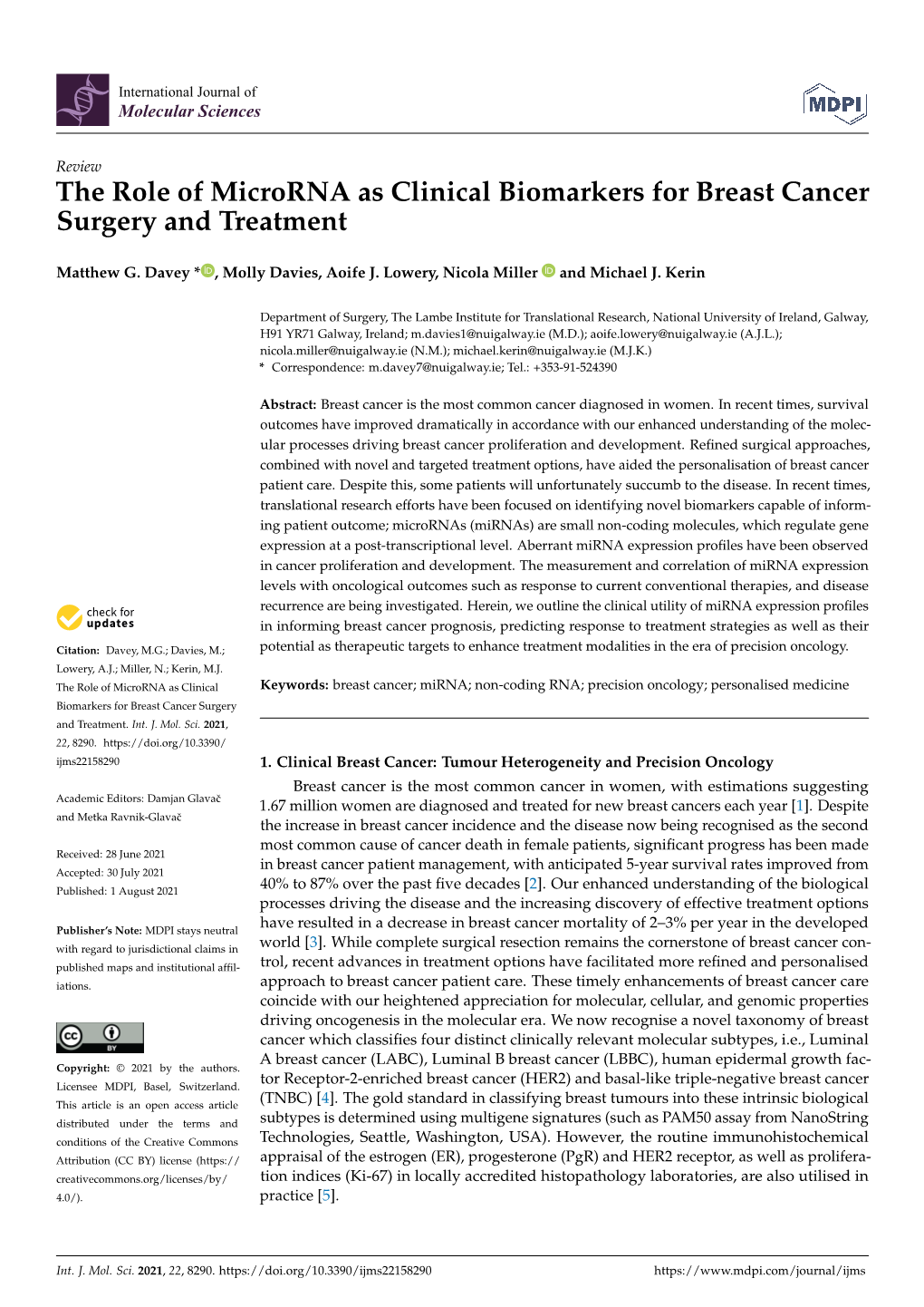 The Role of Microrna As Clinical Biomarkers for Breast Cancer Surgery and Treatment