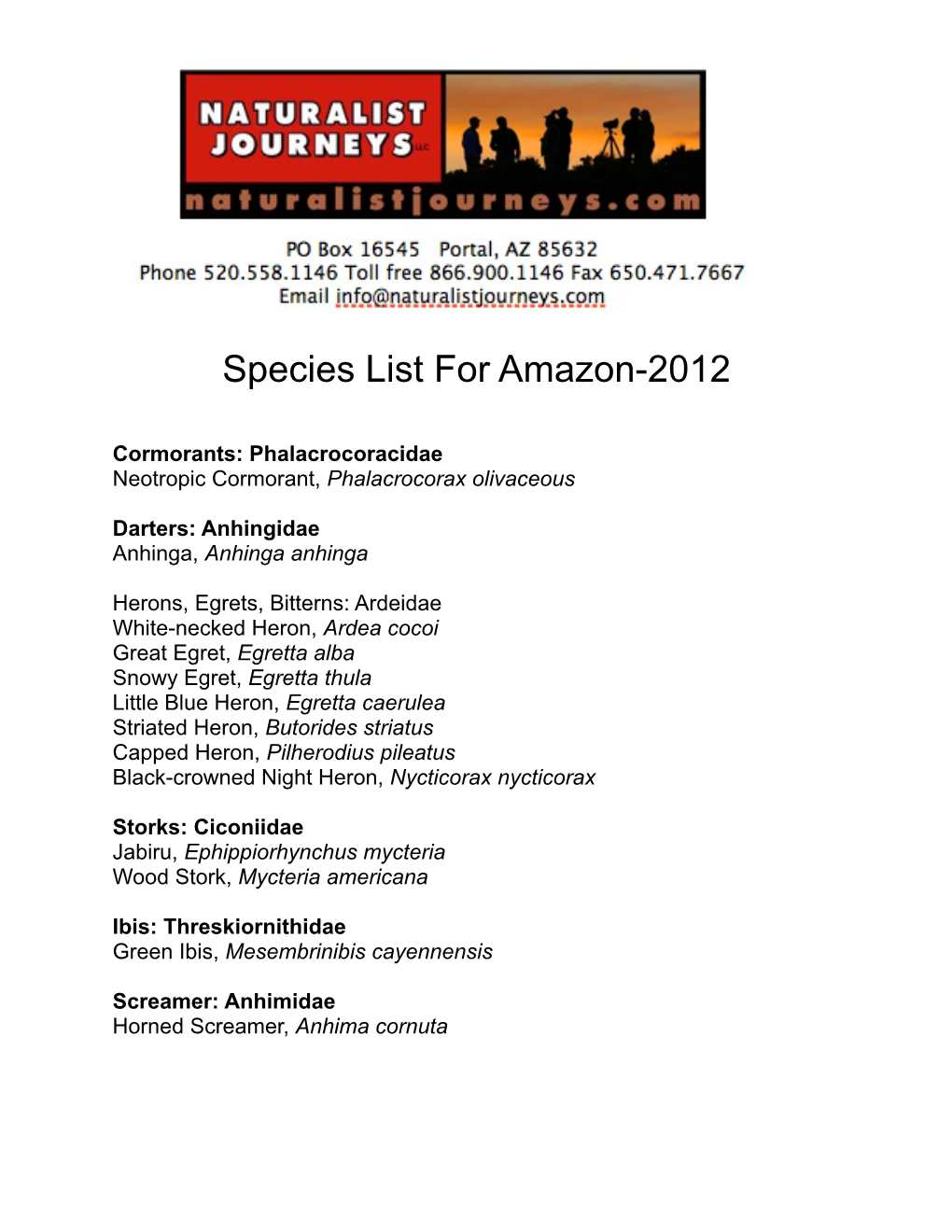 Species List for Amazon-2012