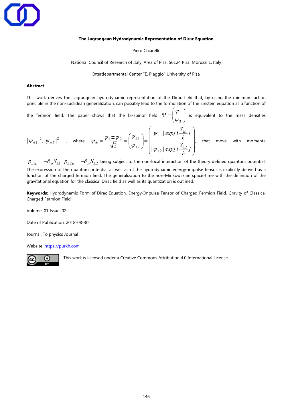 The Lagrangean Hydrodynamic Representation of Dirac Equation