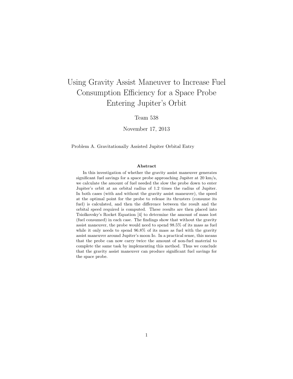 Using Gravity Assist Maneuver to Increase Fuel Consumption Eﬃciency for a Space Probe Entering Jupiter’S Orbit