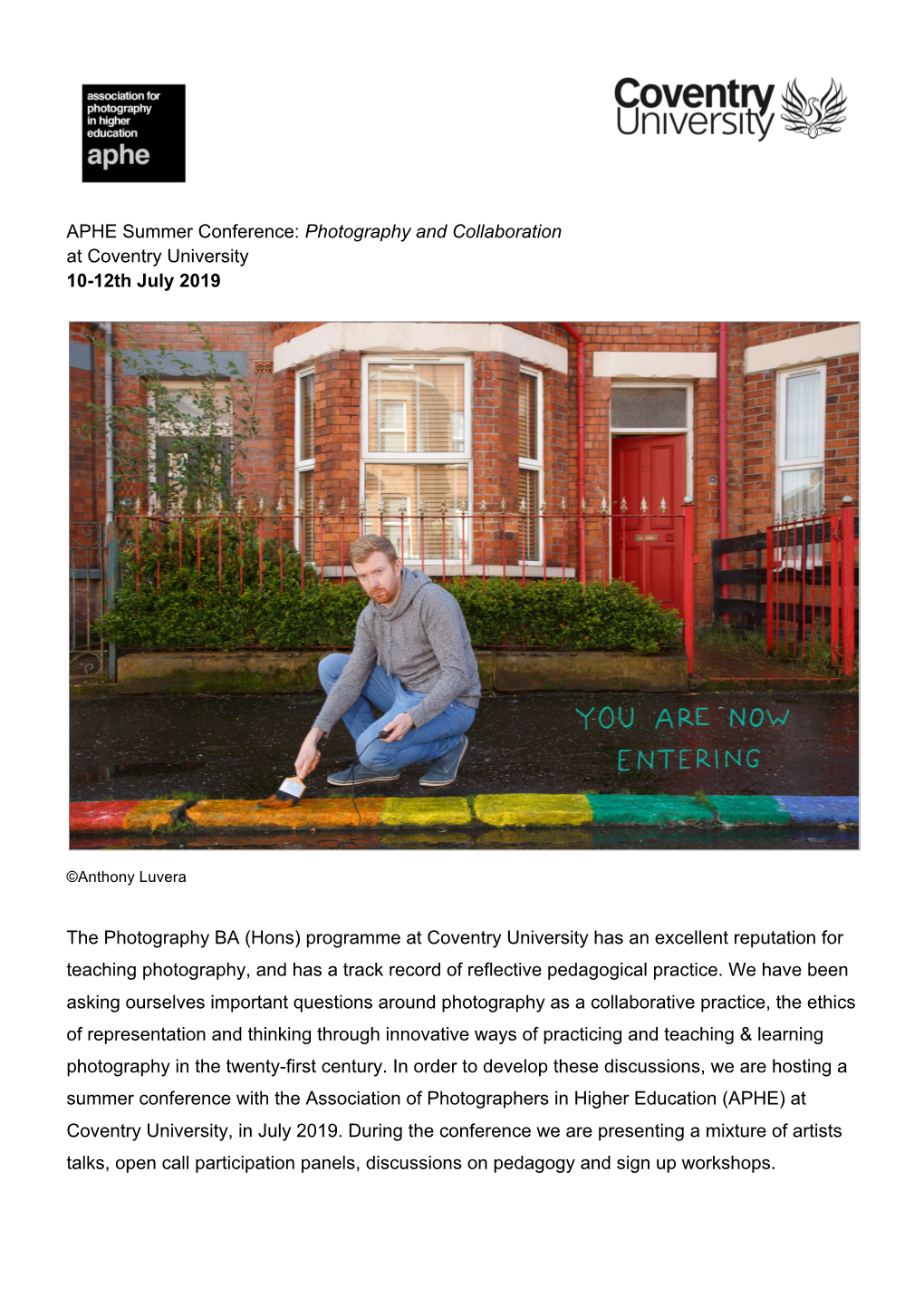 APHE Summer Conference: Photography and Collaboration at Coventry University 10-12Th July 2019