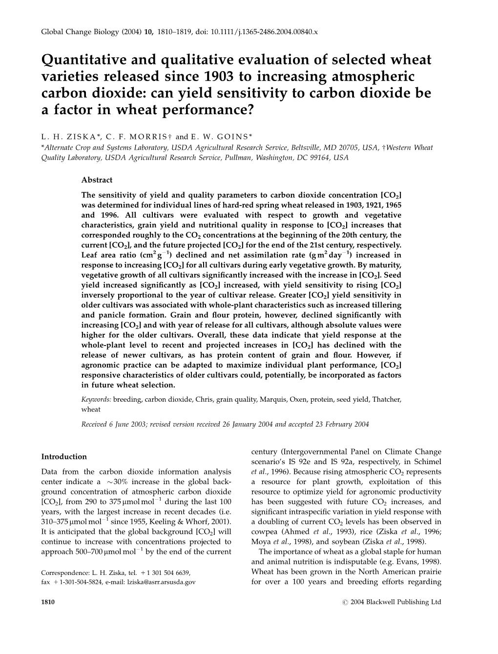 Quantitative and Qualitative Evaluation of Selected Wheat Varieties Released Since 1903 to Increasing Atmospheric Carbon Dioxide