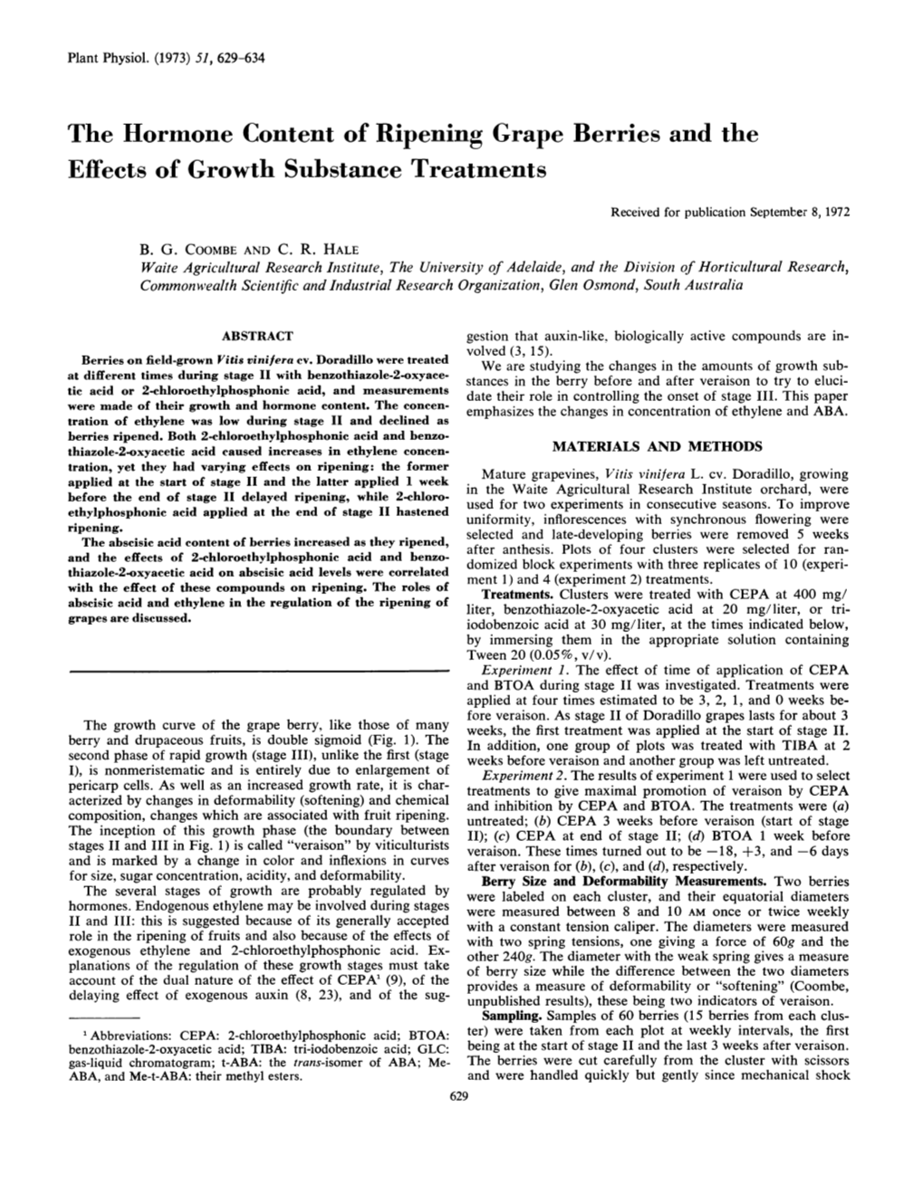 The Hormone Content of Ripening Grape Berries and the Effects of Growth Substance Treatments