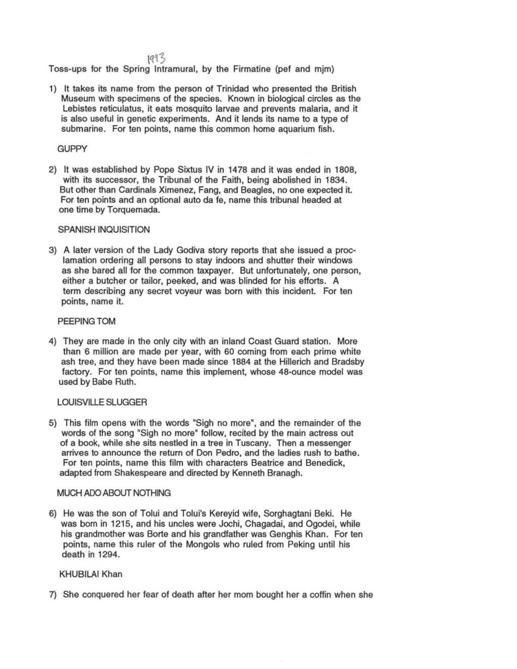 Toss-Ups for the Spring Intramural, by the Firmatine (Pef and Mjm)