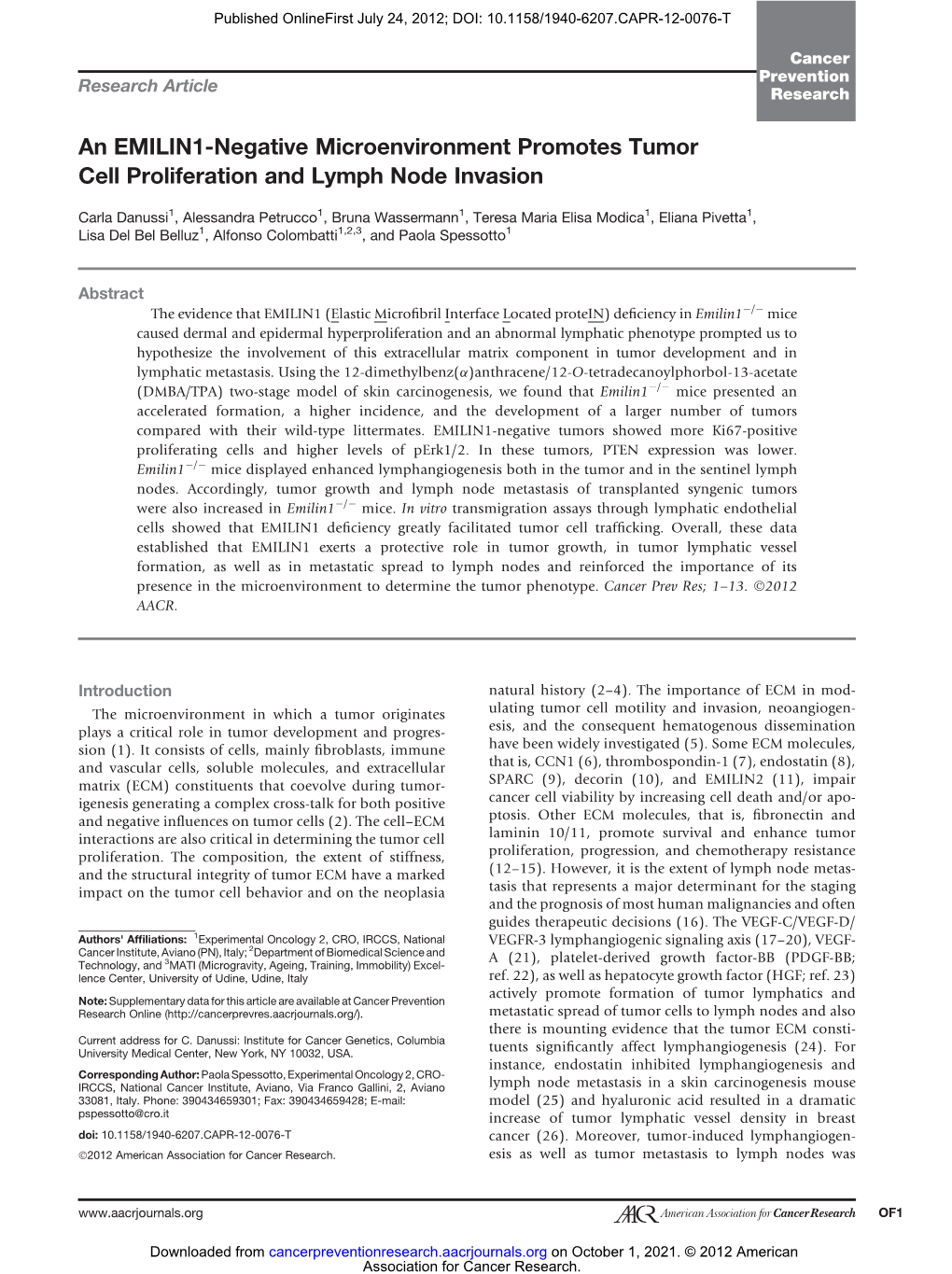 An EMILIN1-Negative Microenvironment Promotes Tumor Cell Proliferation and Lymph Node Invasion